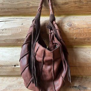 Lucky Brand genuine brown leather shoulder bag suede fringe canteena zipper EUC